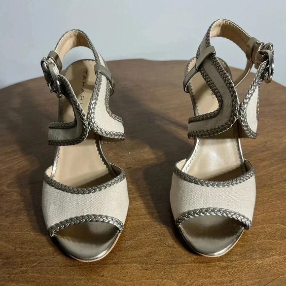 Tahari Linen and Gold Lima Heels 6 - Picture 3 of 5